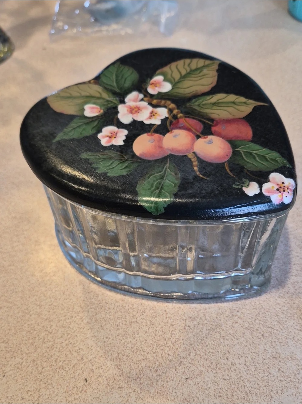 Black Floral Heart Glass Trinket Box with Peach Accents